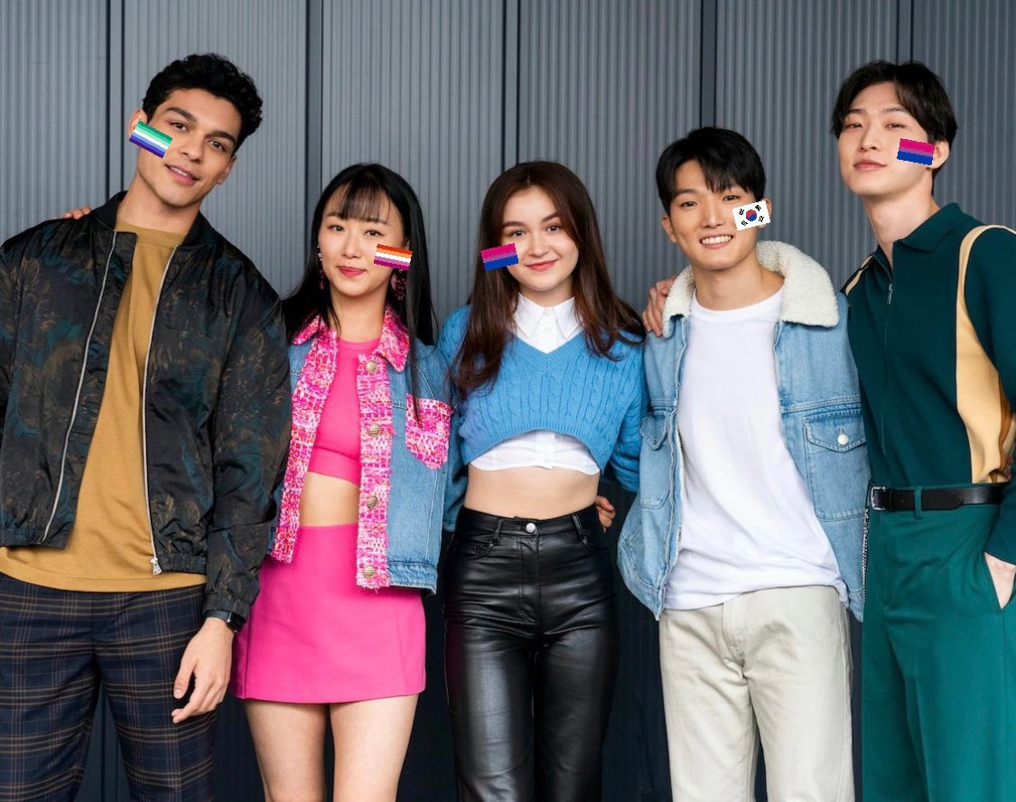 The cast of XO Kitty with pride flags on their faces: Q has genderqueer, Yuri has lesbian, Kitty and Min Ho have bi, and Dae has the Korean national flag